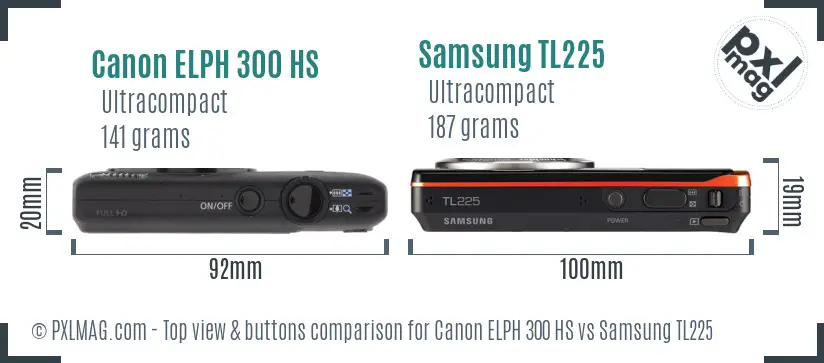 Canon ELPH 300 HS vs Samsung TL225 top view buttons comparison