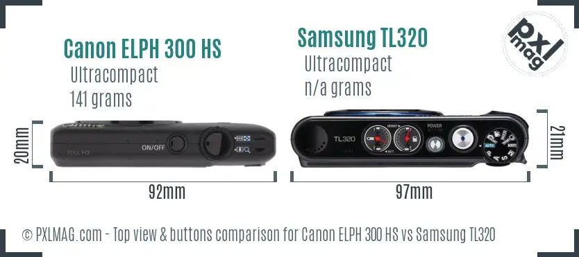 Canon ELPH 300 HS vs Samsung TL320 top view buttons comparison