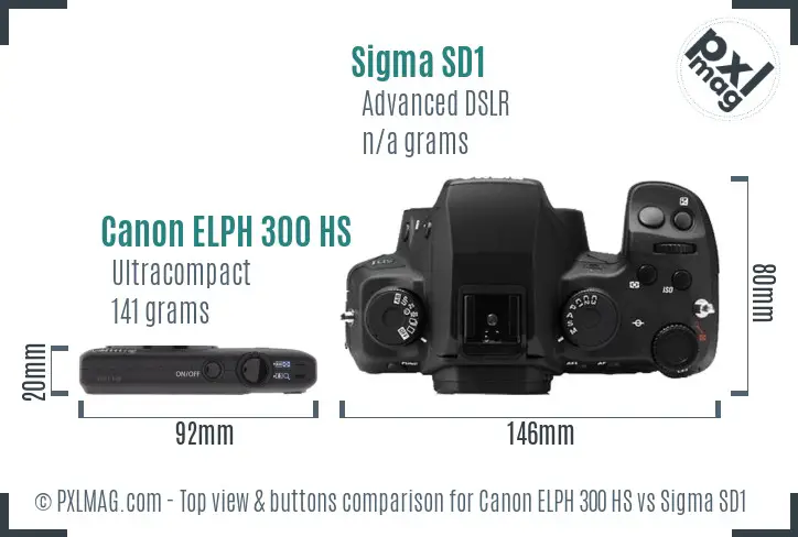 Canon ELPH 300 HS vs Sigma SD1 top view buttons comparison