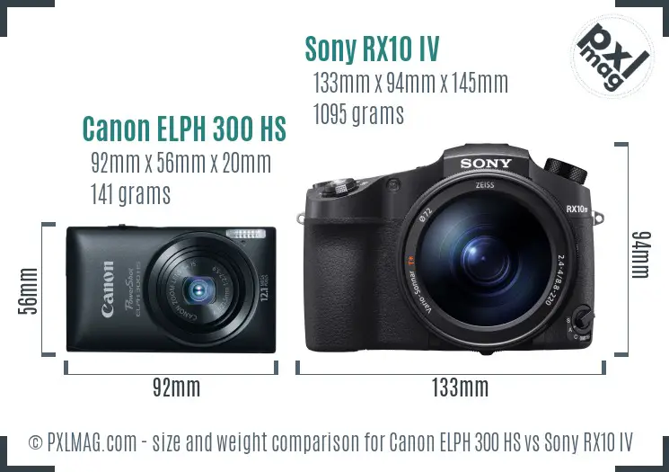Canon ELPH 300 HS vs Sony RX10 IV size comparison
