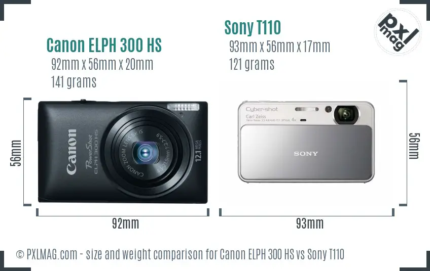 Canon ELPH 300 HS vs Sony T110 size comparison