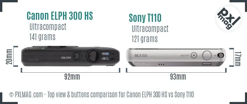 Canon ELPH 300 HS vs Sony T110 top view buttons comparison