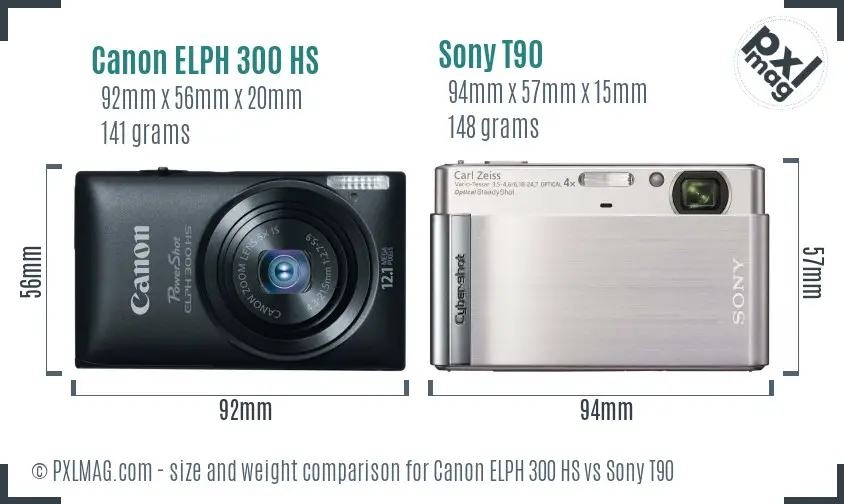 Canon ELPH 300 HS vs Sony T90 size comparison