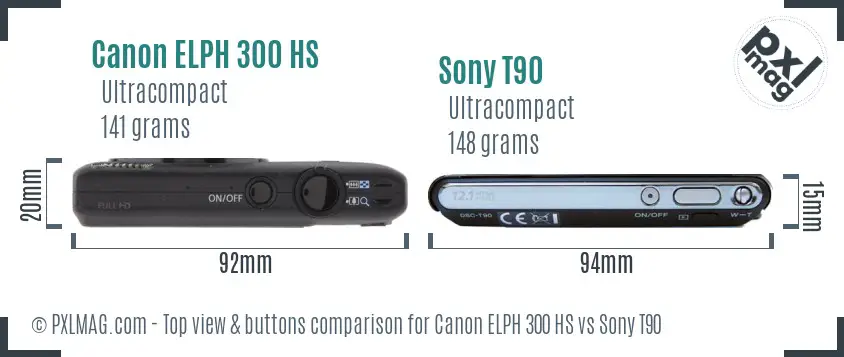 Canon ELPH 300 HS vs Sony T90 top view buttons comparison