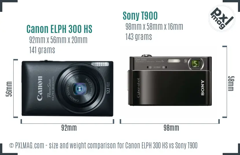 Canon ELPH 300 HS vs Sony T900 size comparison