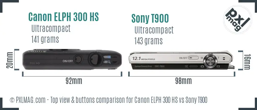 Canon ELPH 300 HS vs Sony T900 top view buttons comparison