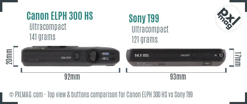 Canon ELPH 300 HS vs Sony T99 top view buttons comparison