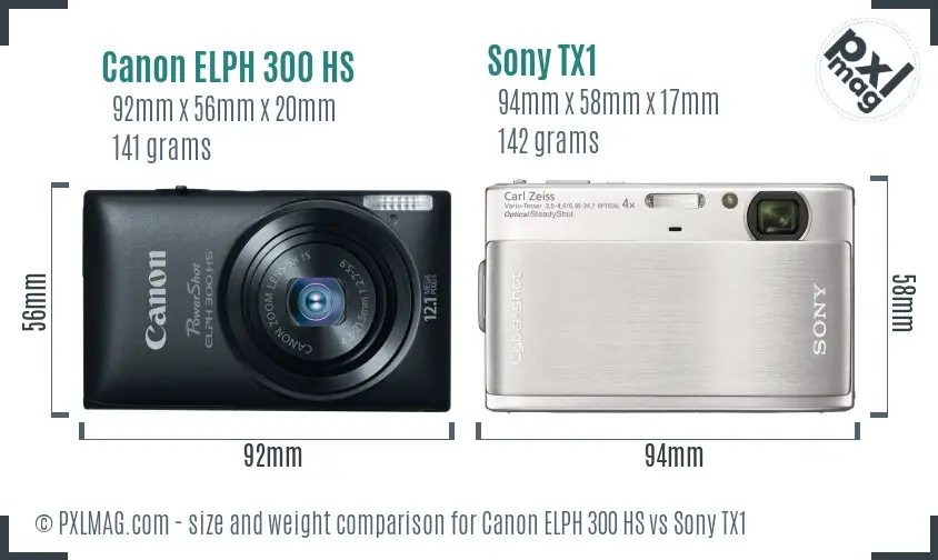 Canon ELPH 300 HS vs Sony TX1 size comparison