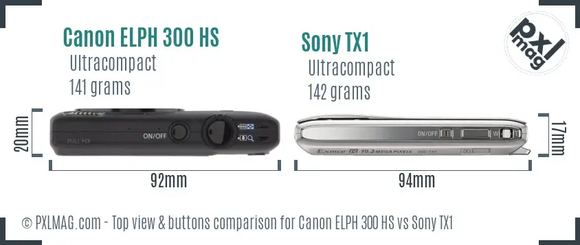 Canon ELPH 300 HS vs Sony TX1 top view buttons comparison