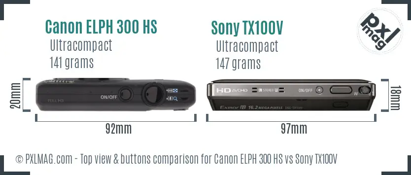 Canon ELPH 300 HS vs Sony TX100V top view buttons comparison