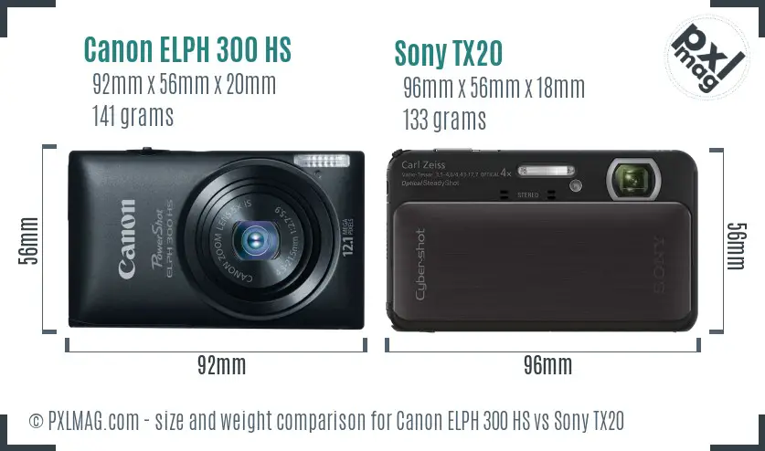 Canon ELPH 300 HS vs Sony TX20 size comparison