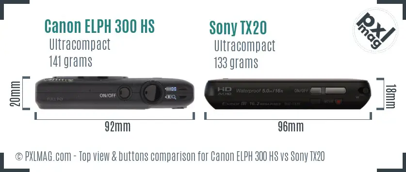 Canon ELPH 300 HS vs Sony TX20 top view buttons comparison