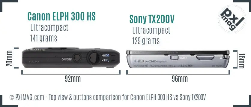 Canon ELPH 300 HS vs Sony TX200V top view buttons comparison