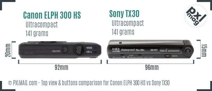 Canon ELPH 300 HS vs Sony TX30 top view buttons comparison