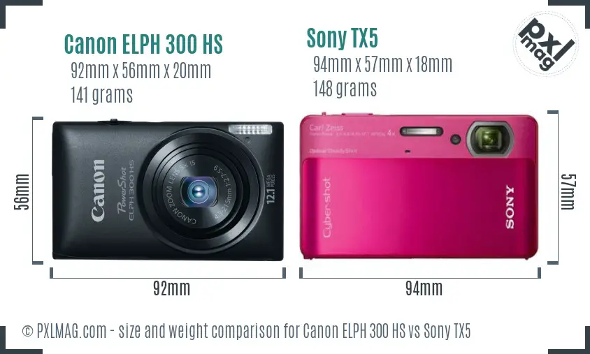 Canon ELPH 300 HS vs Sony TX5 size comparison