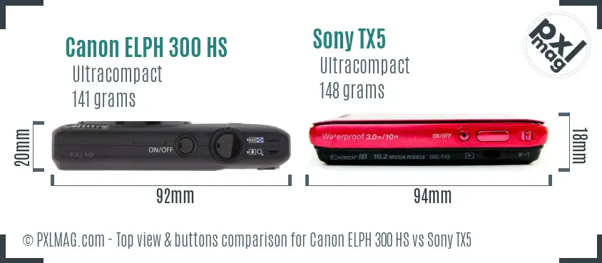 Canon ELPH 300 HS vs Sony TX5 top view buttons comparison