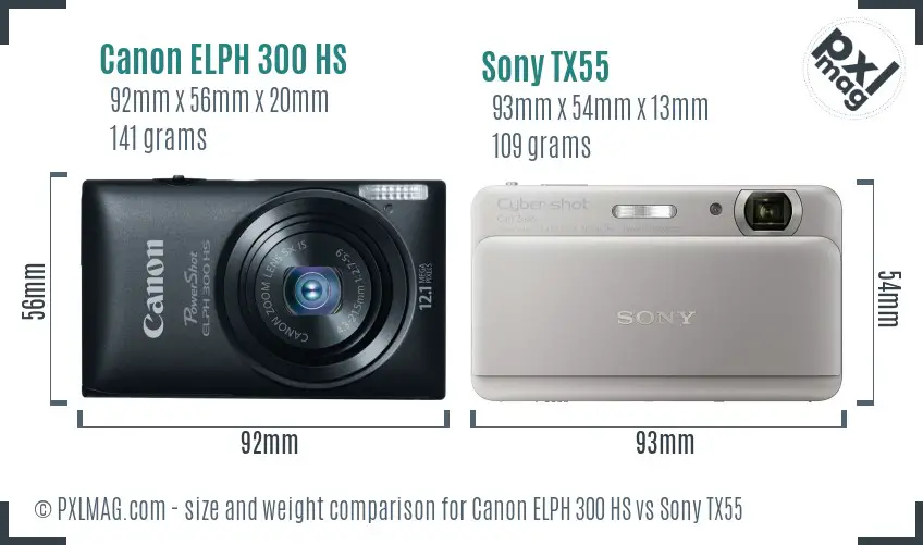 Canon ELPH 300 HS vs Sony TX55 size comparison
