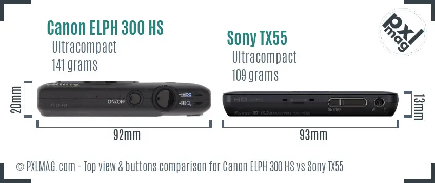 Canon ELPH 300 HS vs Sony TX55 top view buttons comparison