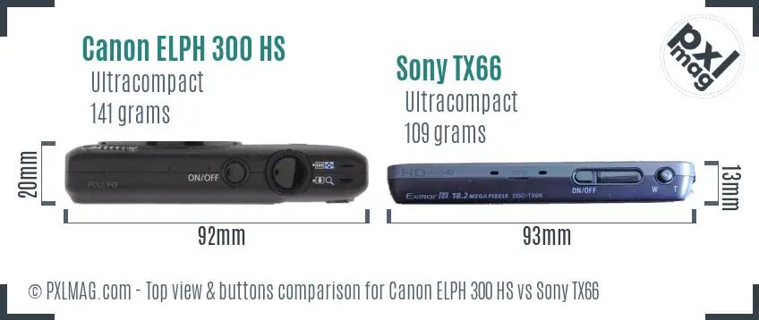 Canon ELPH 300 HS vs Sony TX66 top view buttons comparison