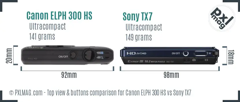 Canon ELPH 300 HS vs Sony TX7 top view buttons comparison Canon ELPH 300 HS vs Sony TX7 top view buttons comparison