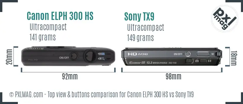 Canon ELPH 300 HS vs Sony TX9 top view buttons comparison Canon ELPH 300 HS vs Sony TX9 top view buttons comparison