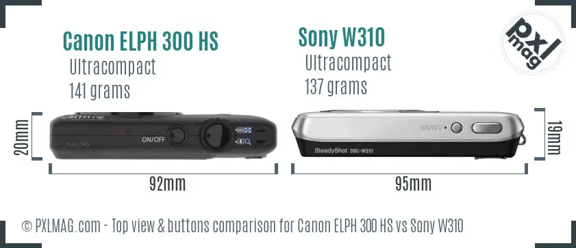 Canon ELPH 300 HS vs Sony W310 top view buttons comparison