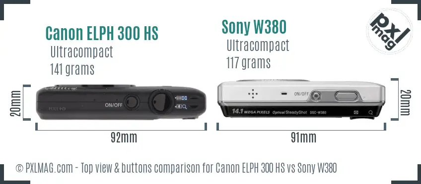 Canon ELPH 300 HS vs Sony W380 top view buttons comparison