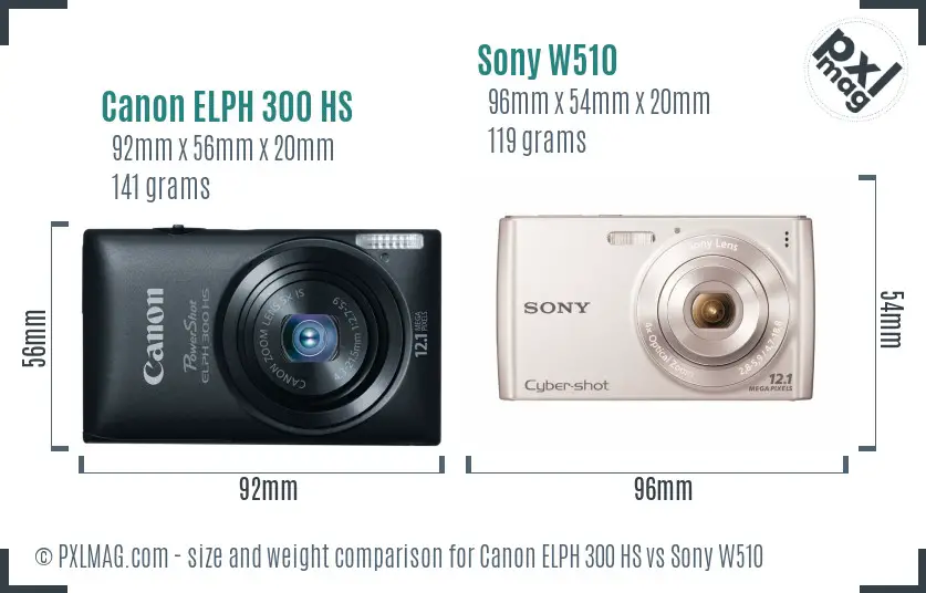 Canon ELPH 300 HS vs Sony W510 size comparison