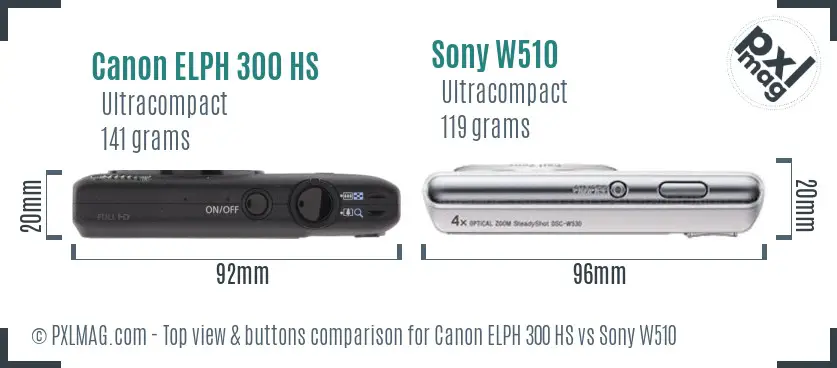 Canon ELPH 300 HS vs Sony W510 top view buttons comparison