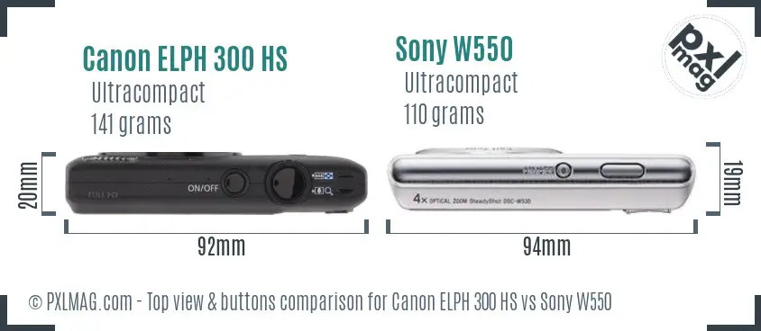 Canon ELPH 300 HS vs Sony W550 top view buttons comparison Canon ELPH 300 HS vs Sony W550 top view buttons comparison