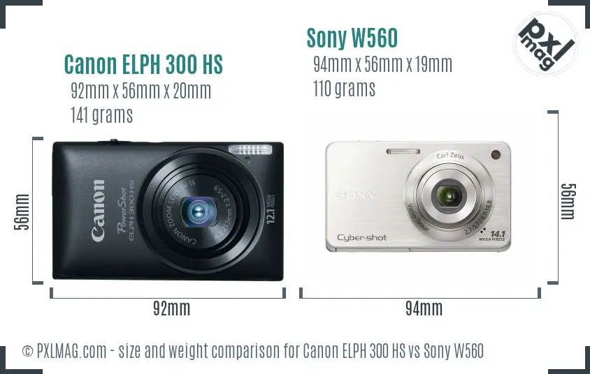 Canon ELPH 300 HS vs Sony W560 size comparison