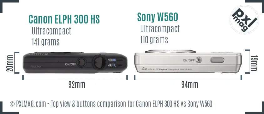 Canon ELPH 300 HS vs Sony W560 top view buttons comparison