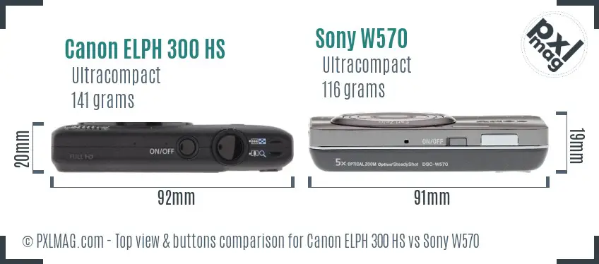 Canon ELPH 300 HS vs Sony W570 top view buttons comparison