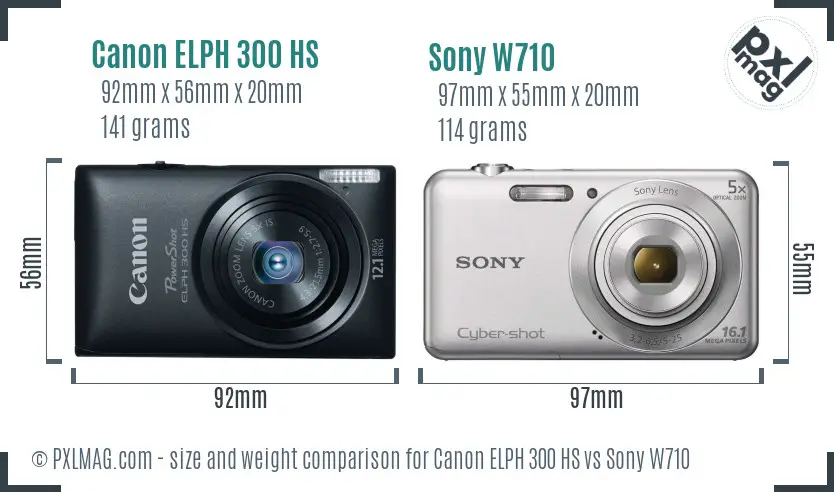 Canon ELPH 300 HS vs Sony W710 size comparison