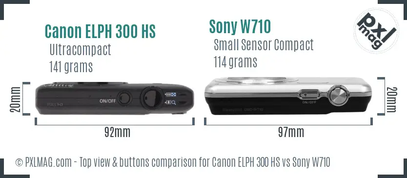 Canon ELPH 300 HS vs Sony W710 top view buttons comparison