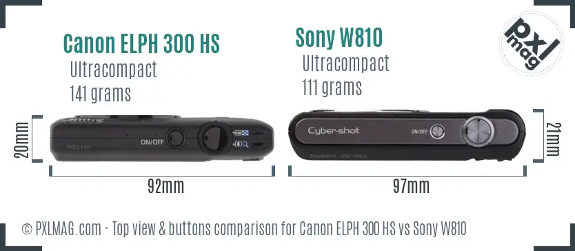 Canon ELPH 300 HS vs Sony W810 top view buttons comparison