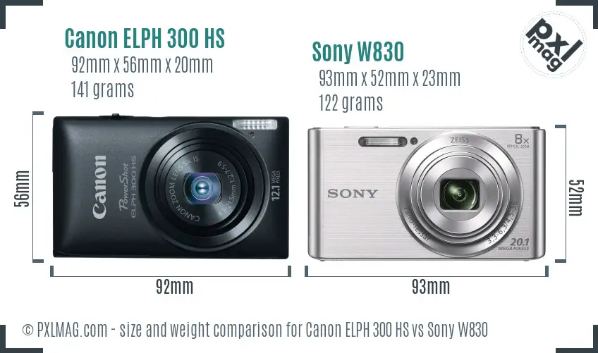 Canon ELPH 300 HS vs Sony W830 size comparison