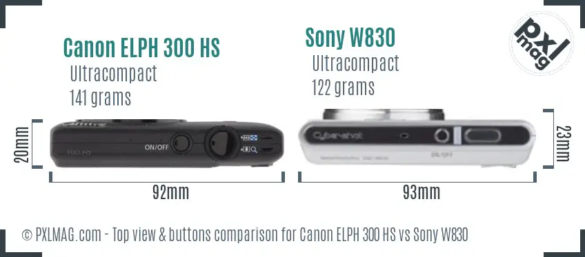 Canon ELPH 300 HS vs Sony W830 top view buttons comparison