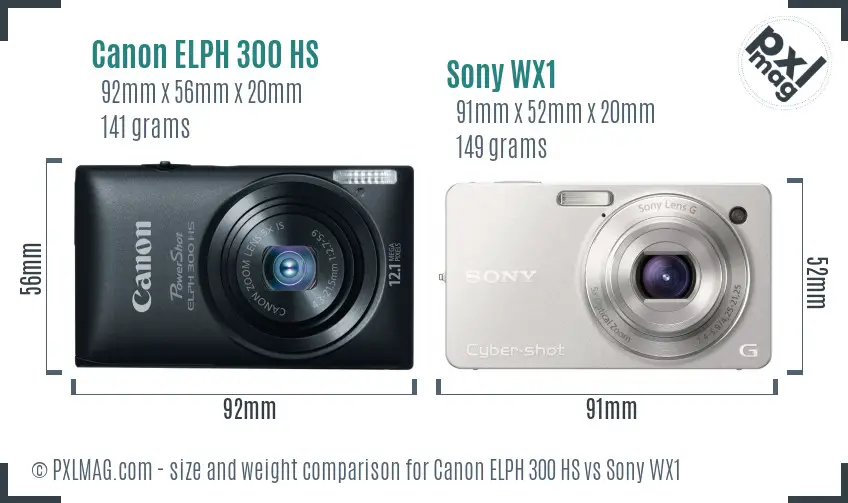 Canon ELPH 300 HS vs Sony WX1 size comparison