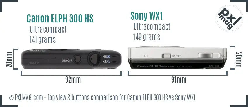 Canon ELPH 300 HS vs Sony WX1 top view buttons comparison