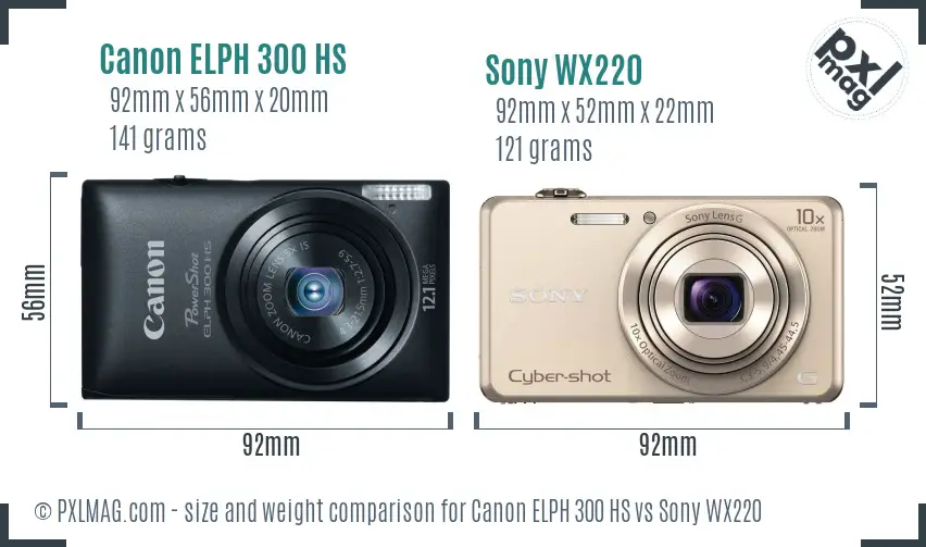 Canon ELPH 300 HS vs Sony WX220 size comparison