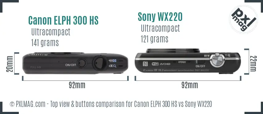 Canon ELPH 300 HS vs Sony WX220 top view buttons comparison