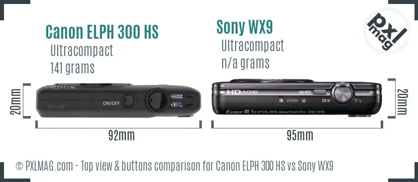 Canon ELPH 300 HS vs Sony WX9 top view buttons comparison