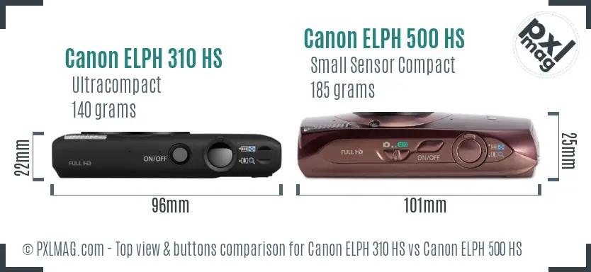Canon ELPH 310 HS vs Canon ELPH 500 HS top view buttons comparison Canon ELPH 310 HS vs Canon ELPH 500 HS top view buttons comparison