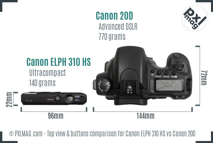 Canon ELPH 310 HS vs Canon 20D top view buttons comparison