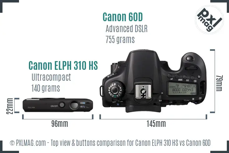 Canon ELPH 310 HS vs Canon 60D top view buttons comparison