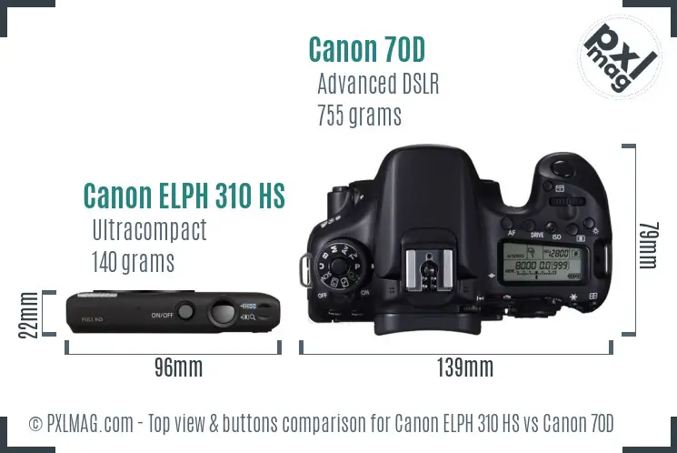 Canon ELPH 310 HS vs Canon 70D top view buttons comparison Canon ELPH 310 HS vs Canon 70D top view buttons comparison