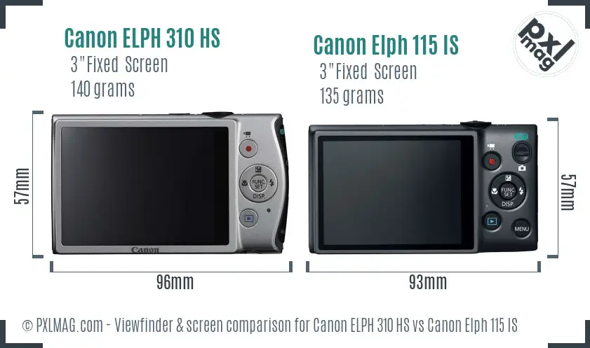 Canon ELPH 310 HS vs Canon Elph 115 IS Screen and Viewfinder comparison
