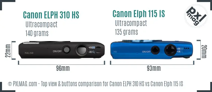 Canon ELPH 310 HS vs Canon Elph 115 IS top view buttons comparison