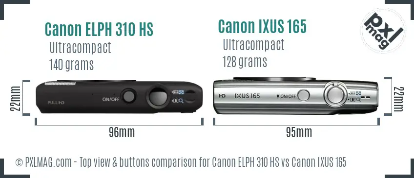 Canon ELPH 310 HS vs Canon IXUS 165 top view buttons comparison
